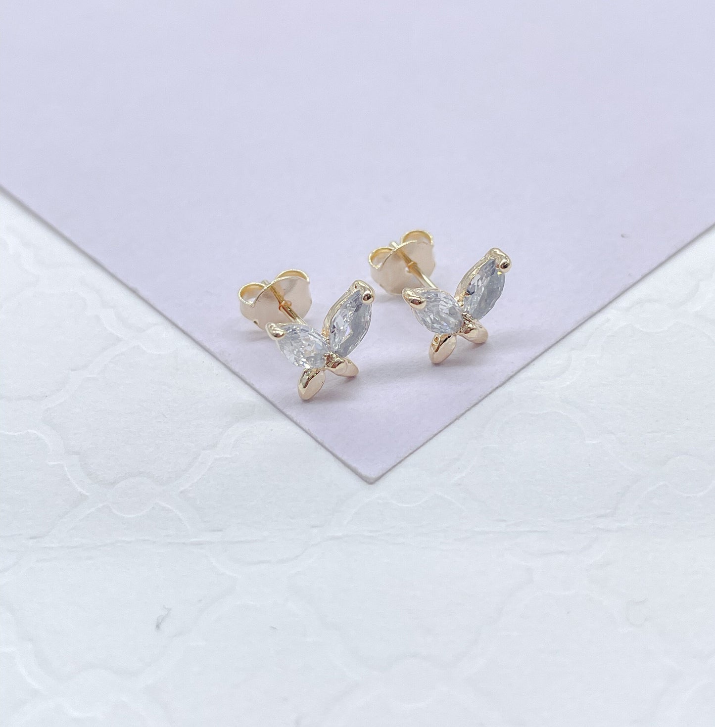 18k Gold Filled Dainty Butterly Stud Earrings With Top Marquise Cut Stone Earrings, Butterfly Studs, Dainty Stud,