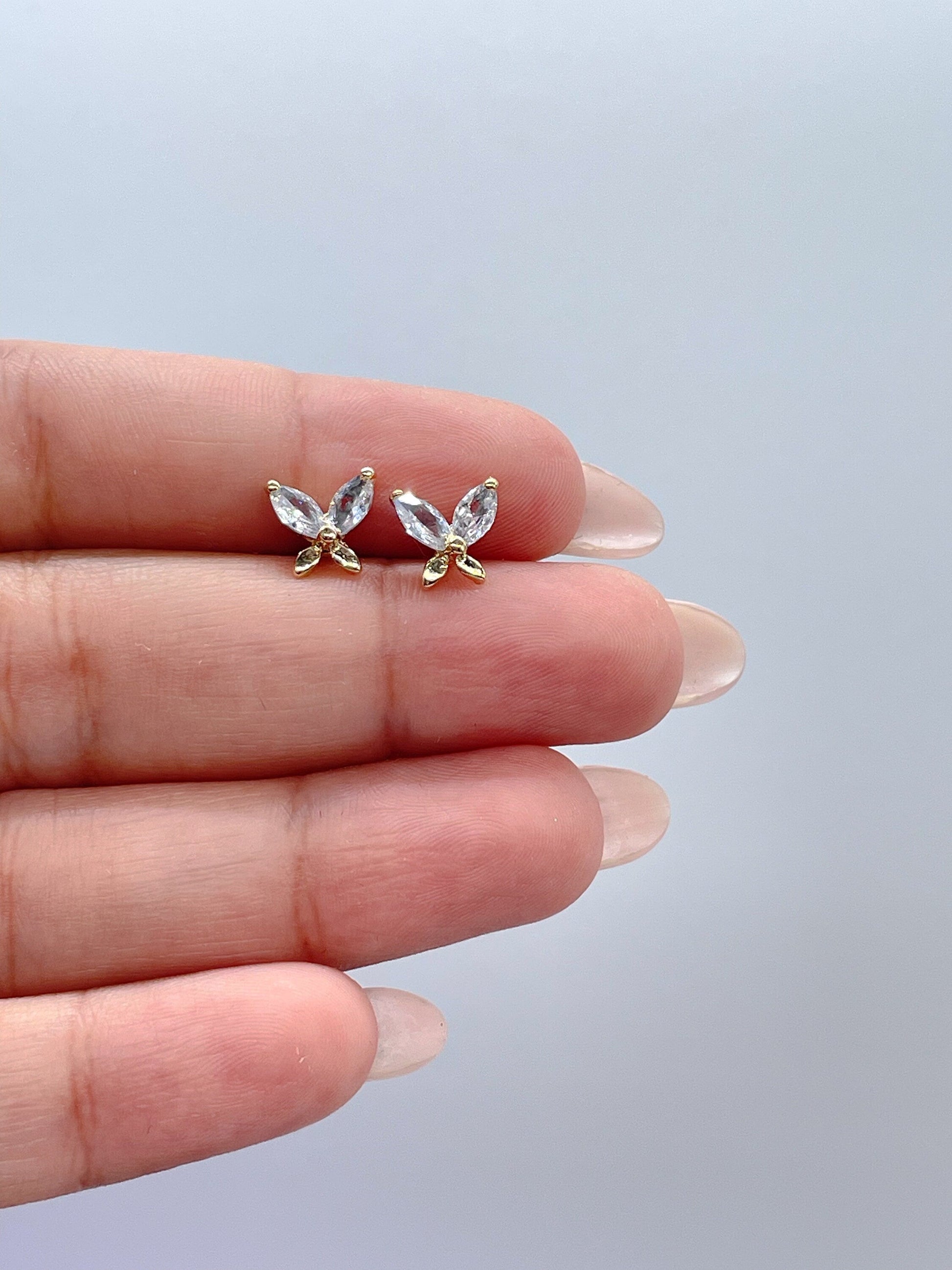 18k Gold Filled Dainty Butterly Stud Earrings With Top Marquise Cut Stone Earrings, Butterfly Studs, Dainty Stud,