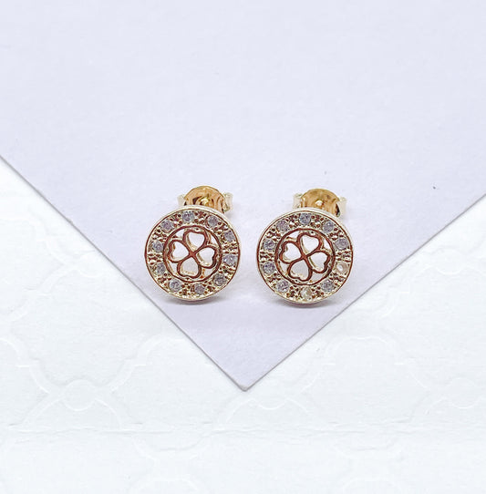 18k Gold Filled Round Dainty Crowned Pave Four Leaf Clover Stud Earring