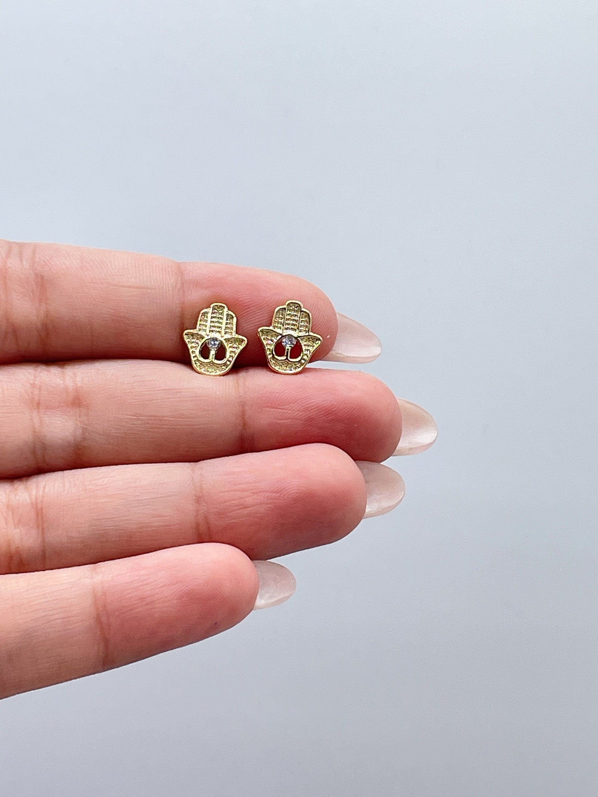 18k Gold Filled Plain Textured Hamsa Hand Stud Earring With Heart Center & CZ Center, Hamsa Jewlery, Protection Jewlery, Dainty Studs