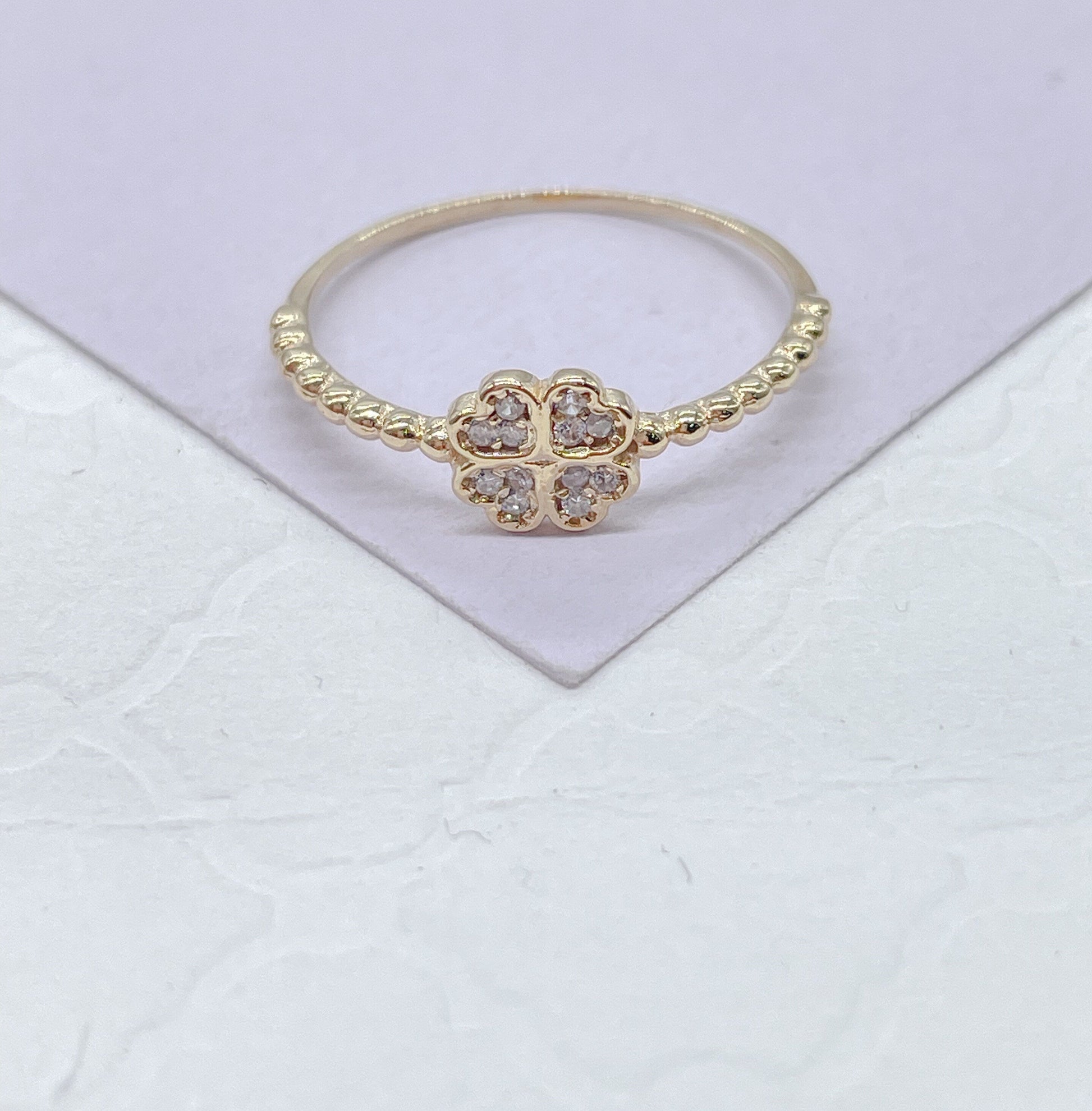 18k Goldfilled Mid Beaded Band Pave Four Leaf Clover Ring Wedding Gift, For her , Gift Idea Dainty Ring,Minimalist Jewlery Statement Piece
