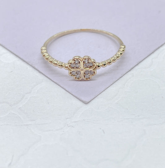 18k Goldfilled Mid Beaded Band Pave Four Leaf Clover Ring Wedding Gift, For her , Gift Idea Dainty Ring,Minimalist Jewlery Statement Piece