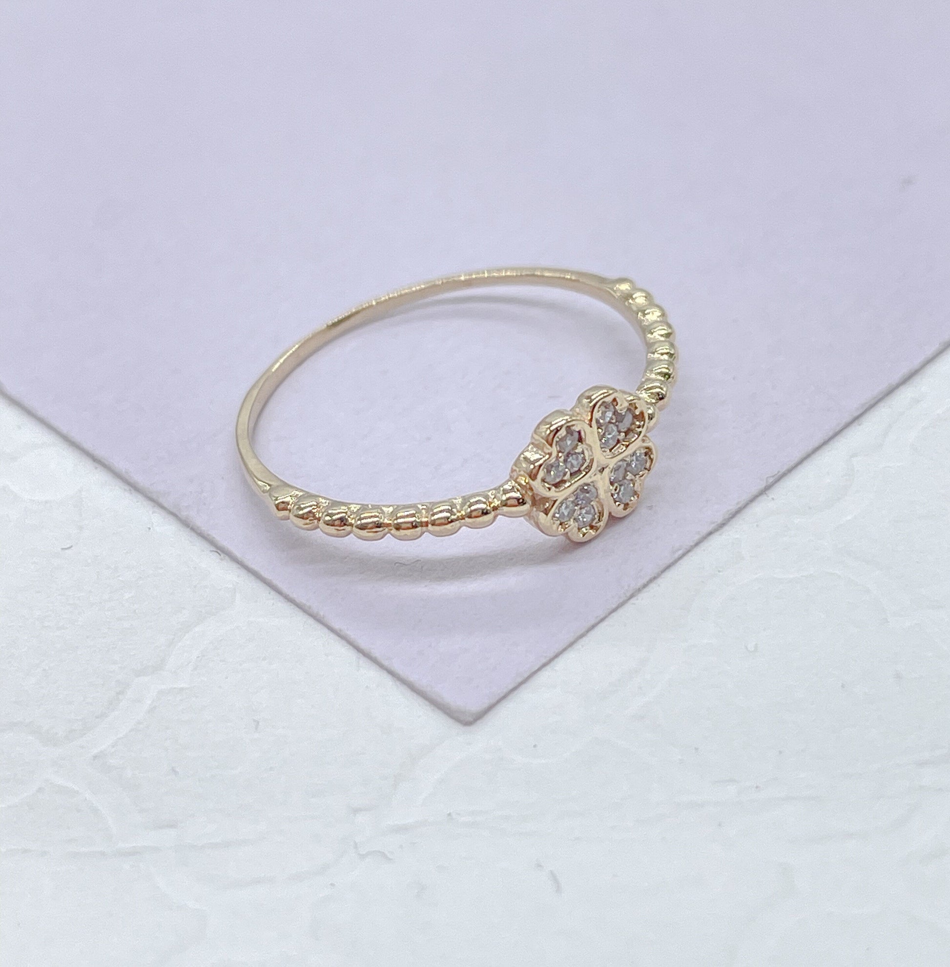 18k Goldfilled Mid Beaded Band Pave Four Leaf Clover Ring Wedding Gift, For her , Gift Idea Dainty Ring,Minimalist Jewlery Statement Piece