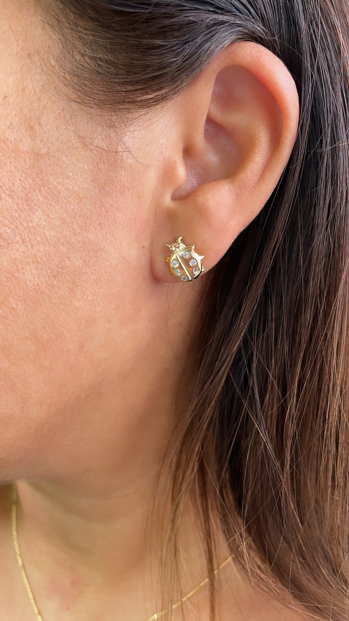 18k Gold Filled Plain XL Lady Bug Stud Earring With CZ Patterned Studs