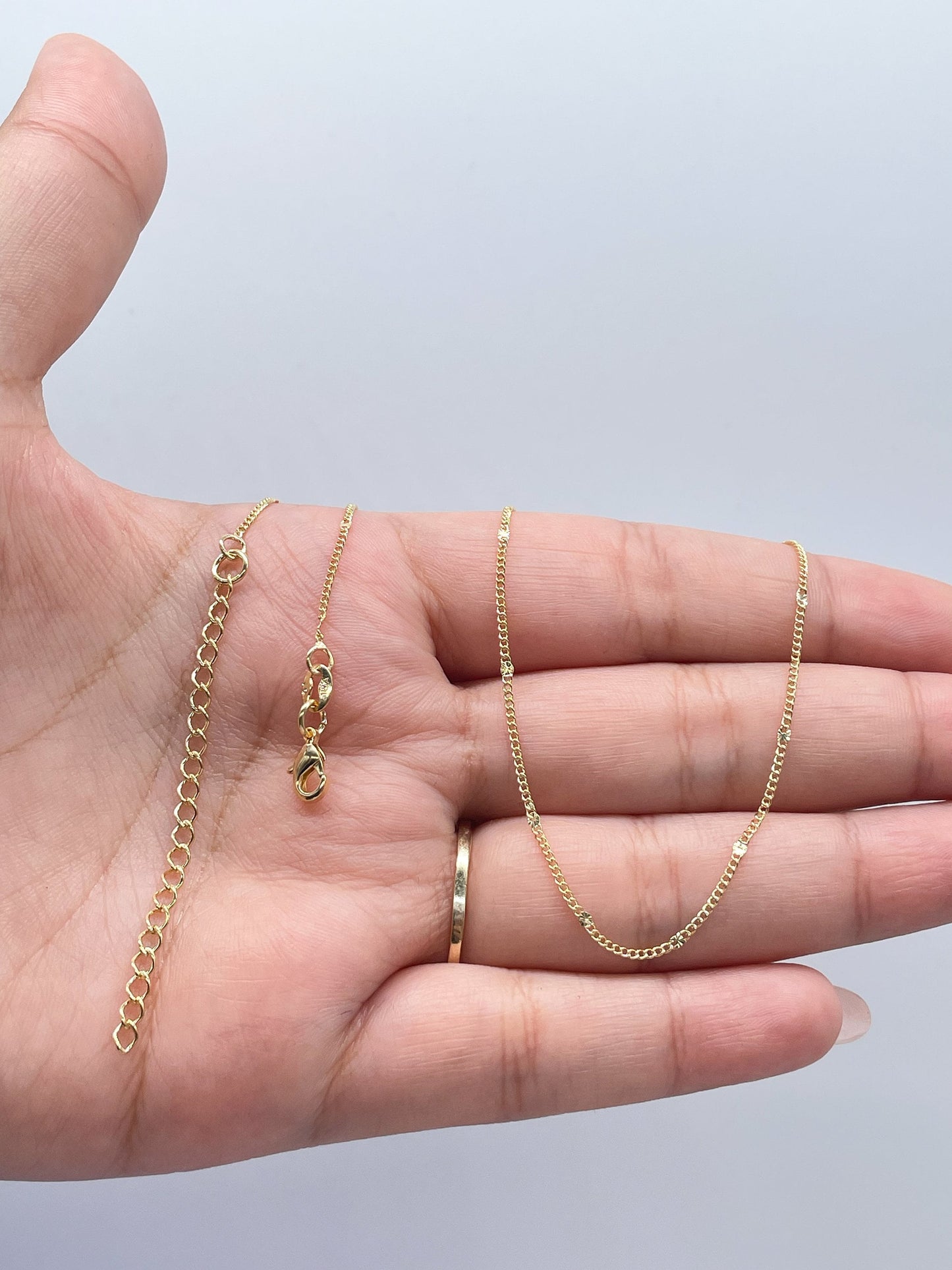18k Gold Filled 16 Inch, 1mm Flat Sunburst-Stamped Sequin Satellite Curb Chain Necklace For Wholesale, Dainty Jewlery, Layering Necklace,