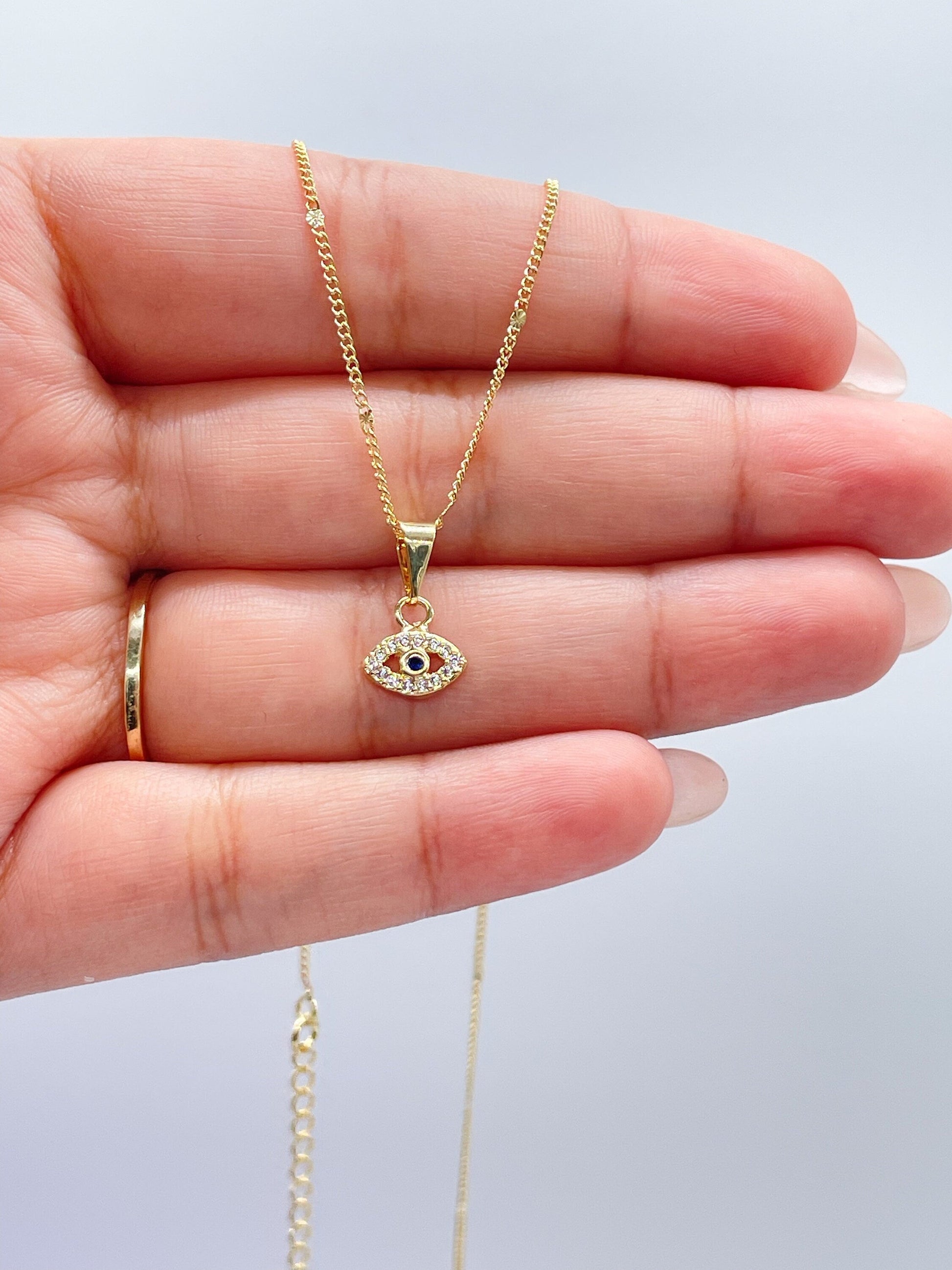 18k Gold Filled Dainty White & Royal Blue Mini CZ Evil Eye Charm