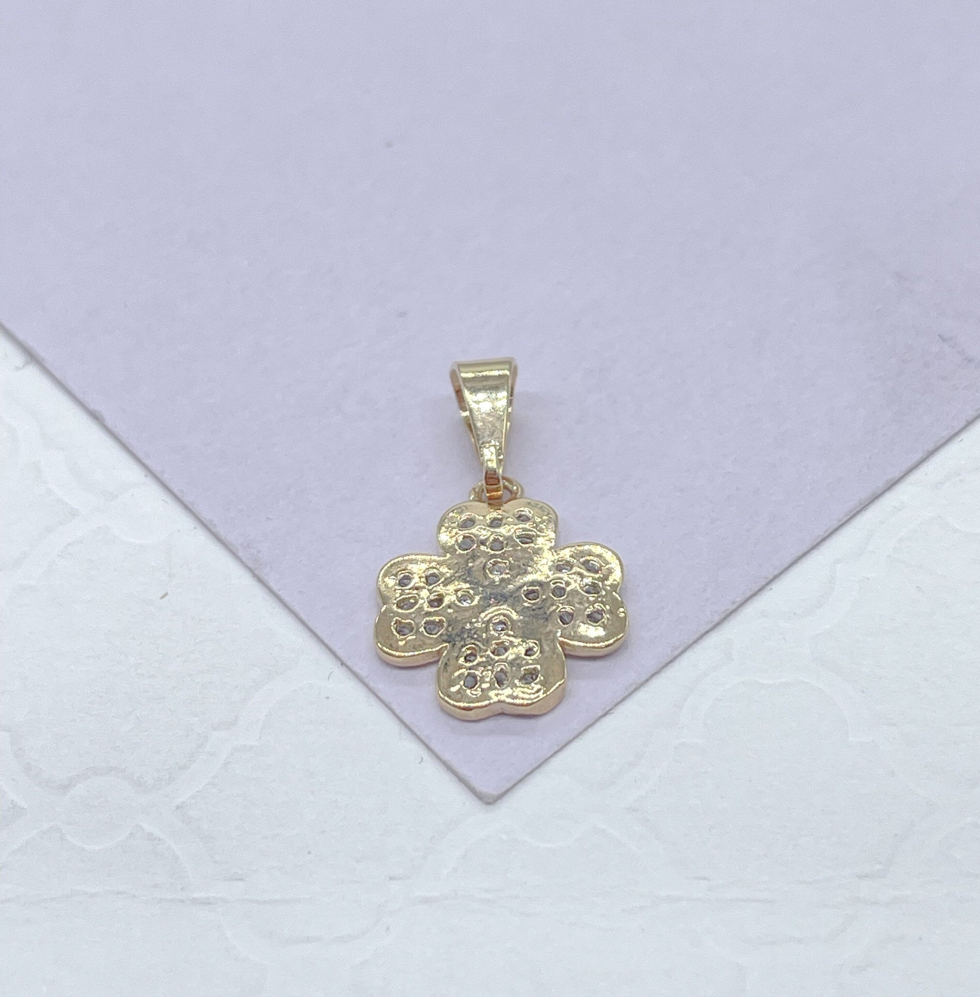 18k Gold Filled Chuby CZ Pave Four Leaf Clover Pave Pendant, Gift For Her, Irish Clover, Good Luck Charm, Dainty Flower, Clover Jewlery,