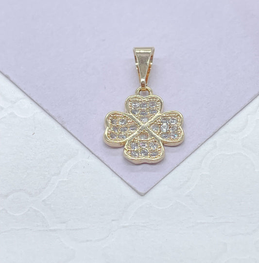 18k Gold Filled Chuby CZ Pave Four Leaf Clover Pave Pendant, Gift For Her, Irish Clover, Good Luck Charm, Dainty Flower, Clover Jewlery,