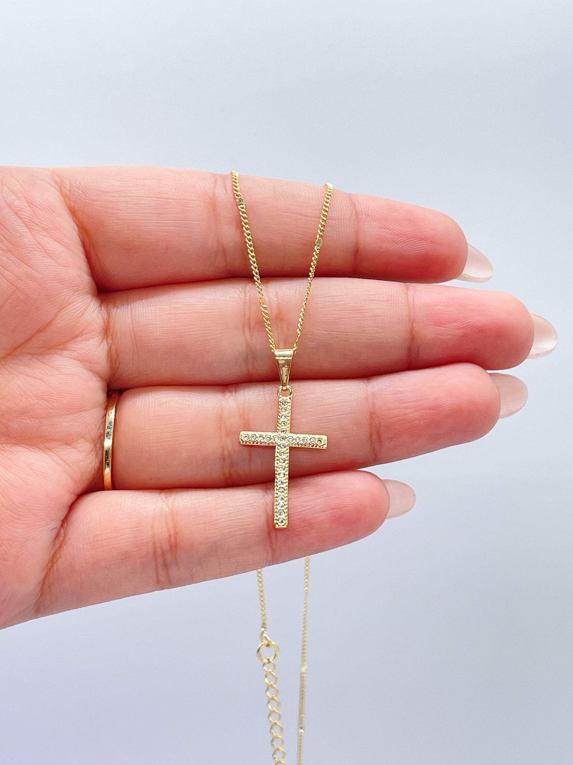 18k Gold Filled 2 Inch Tall Dainty Cross With Micro CZ