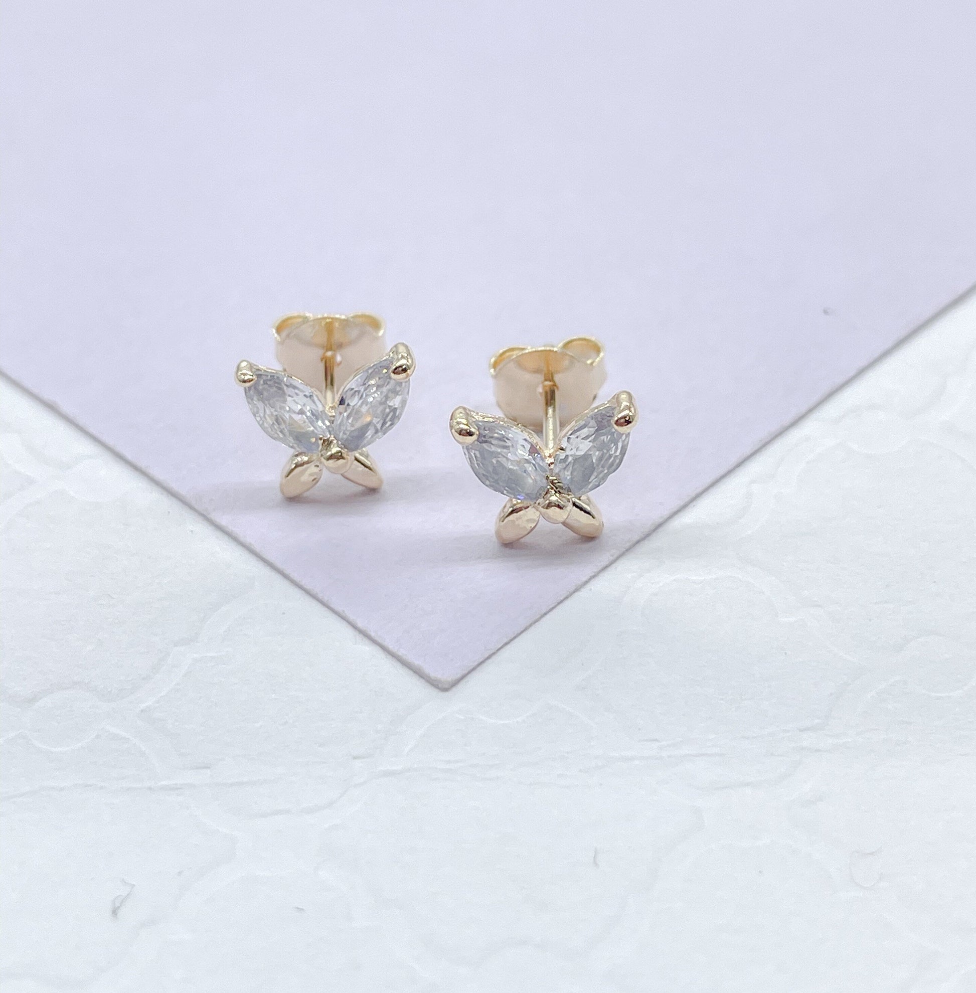 18k Gold Filled Dainty Butterly Stud Earrings With Top Marquise Cut Stone Earrings, Butterfly Studs, Dainty Stud,
