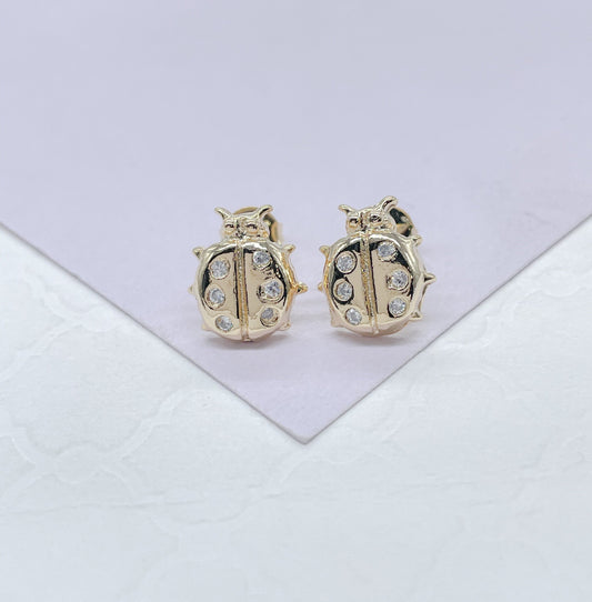 18k Gold Filled Plain XL Lady Bug Stud Earring With CZ Patterned Studs