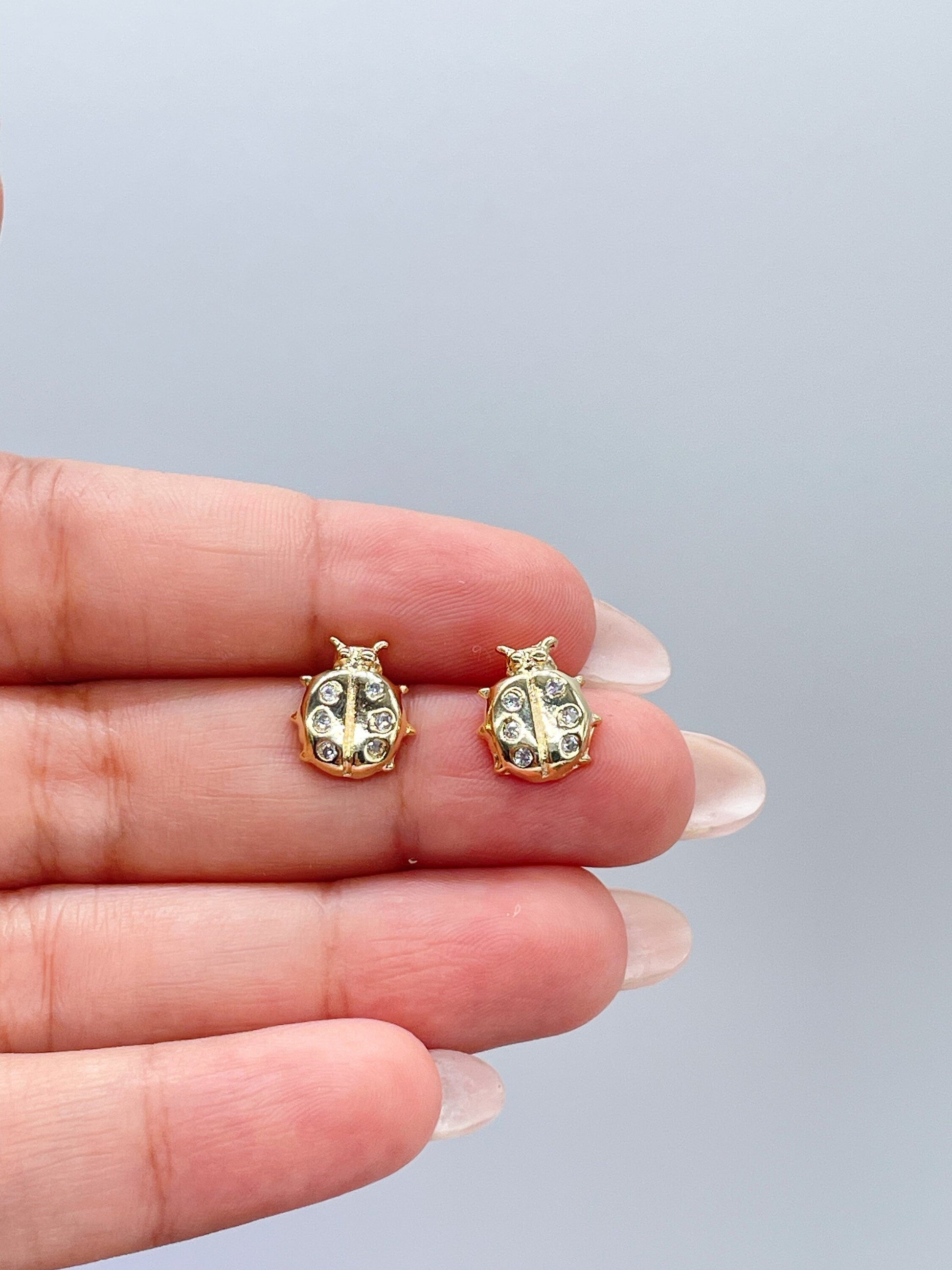18k Gold Filled Plain XL Lady Bug Stud Earring With CZ Patterned Studs