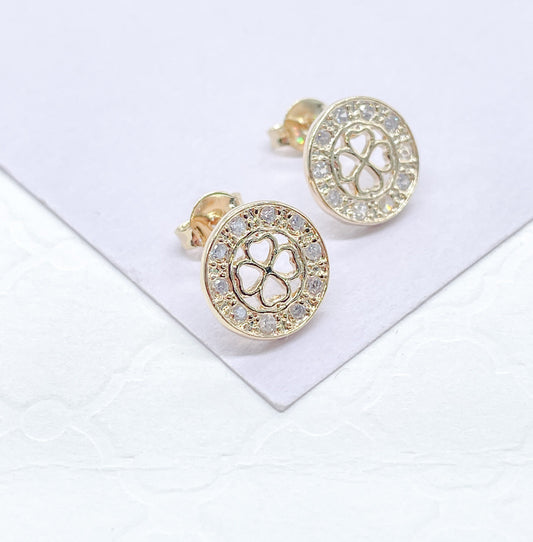 18k Gold Filled Round Dainty Crowned Pave Four Leaf Clover Stud Earring