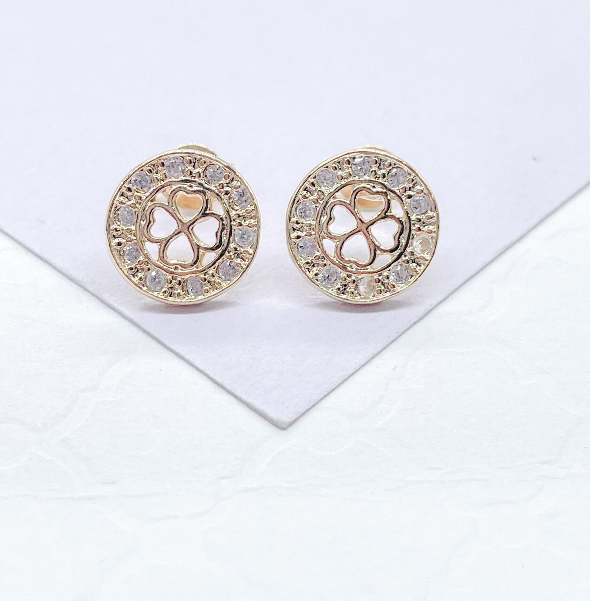 18k Gold Filled Round Dainty Crowned Pave Four Leaf Clover Stud Earring