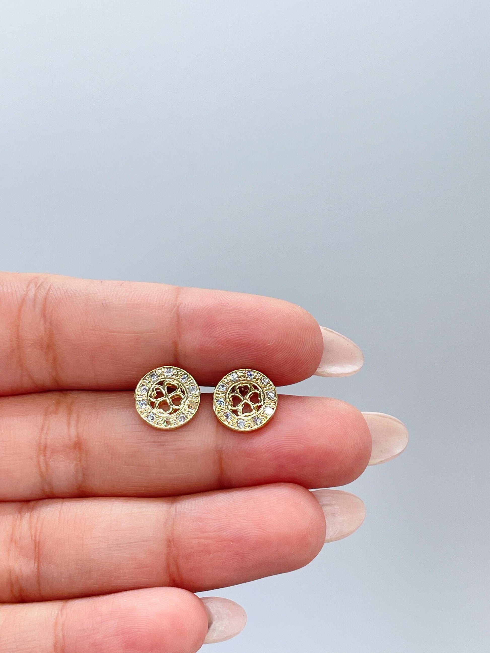 18k Gold Filled Round Dainty Crowned Pave Four Leaf Clover Stud Earring