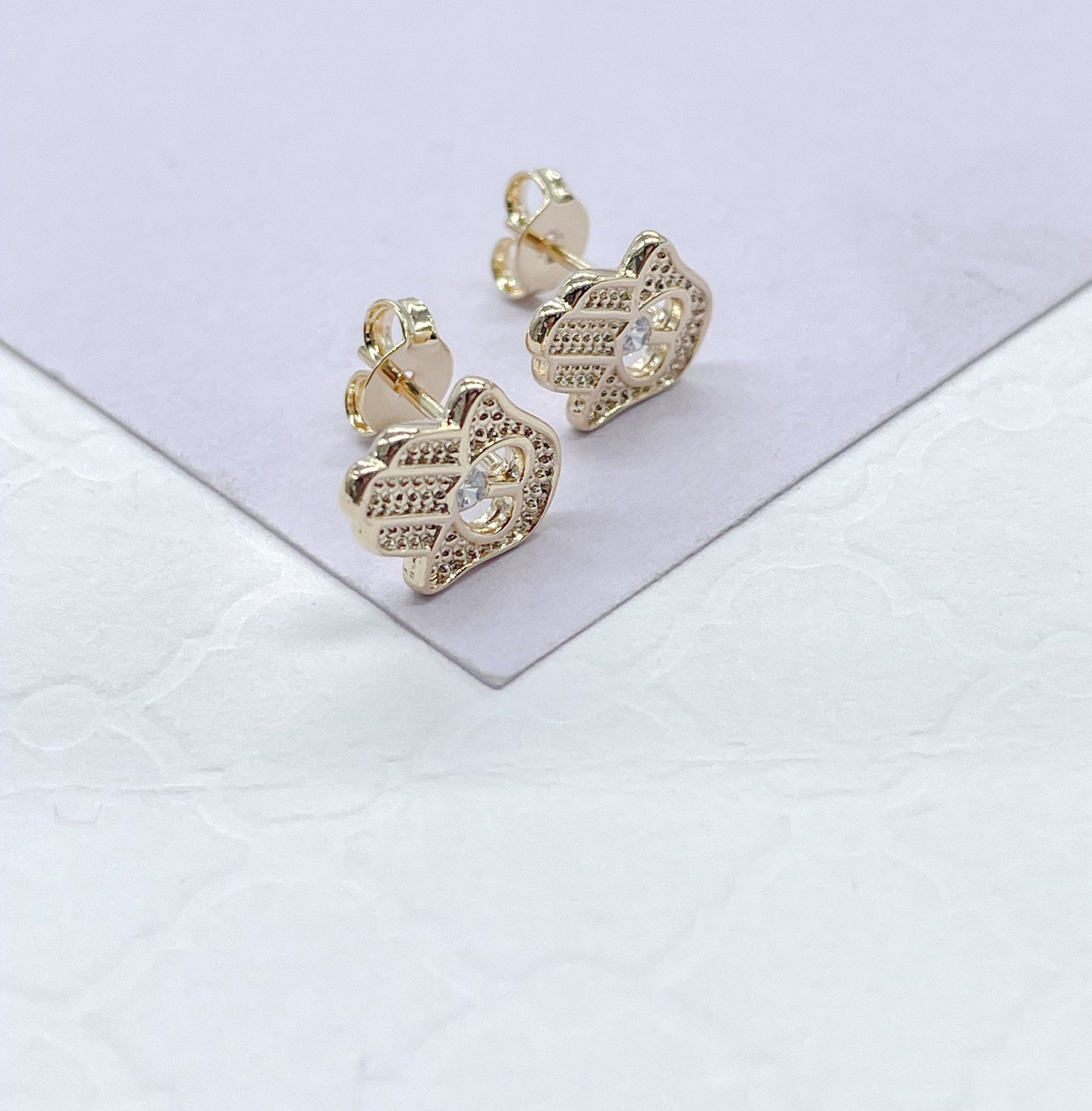 18k Gold Filled Plain Textured Hamsa Hand Stud Earring With Heart Center & CZ Center, Hamsa Jewlery, Protection Jewlery, Dainty Studs