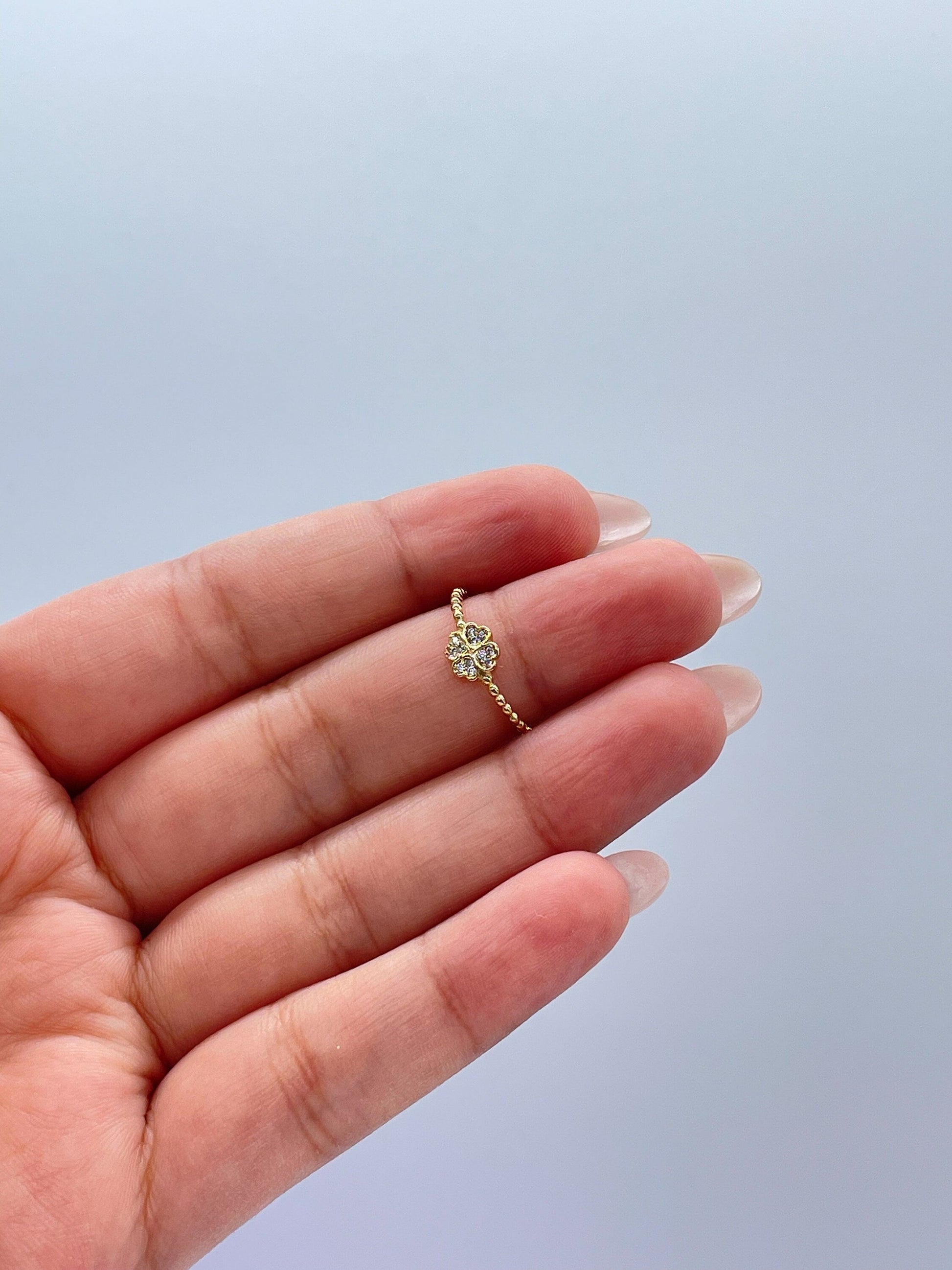 18k Goldfilled Mid Beaded Band Pave Four Leaf Clover Ring Wedding Gift, For her , Gift Idea Dainty Ring,Minimalist Jewlery Statement Piece