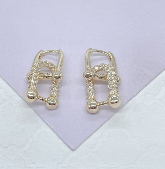 18k Gold Filled Dangling U Bone Link Earring With CZ Pave Link
