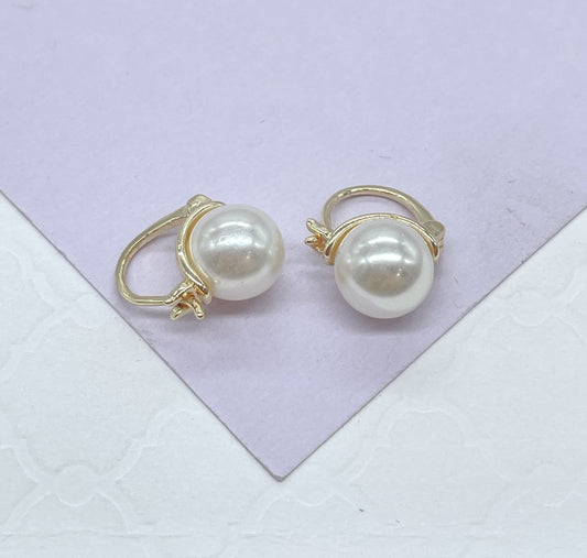 18k Gold Filled 8mm Plain Simulated Pearl Tiny Huggie Earring