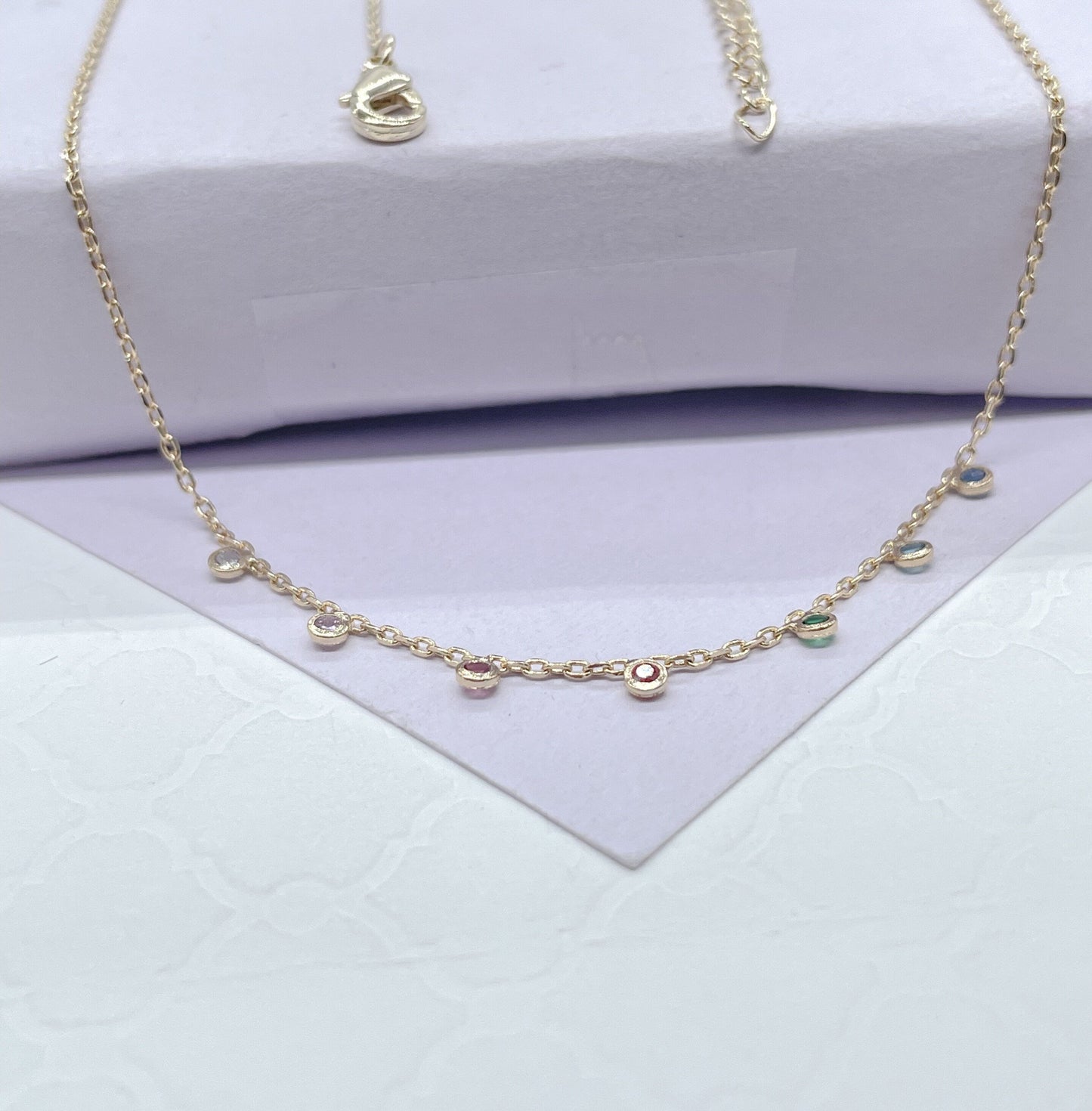 18k Gold Filled Dainty Cable Link Choker With Soldered Colorful Stone Charms Choker