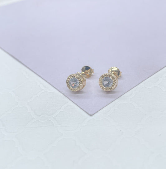18k Gold Filled 7mm Round Princess Cut Embezzled Stud Earring, Dainty Studs, Gold-filled Jewlery.