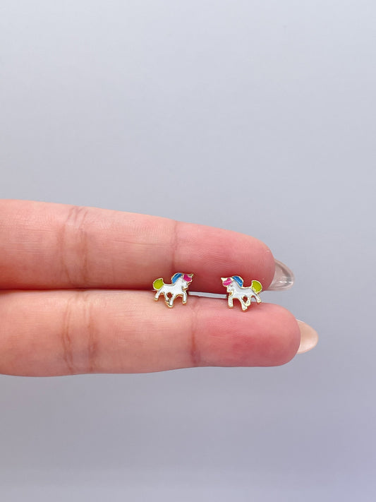 18k Gold Filled Enamel Colorful Unicorn Stud Earring, Children Jewlery, Unicorn Studs, Gold Stud Earrings, Colorful Jewlery