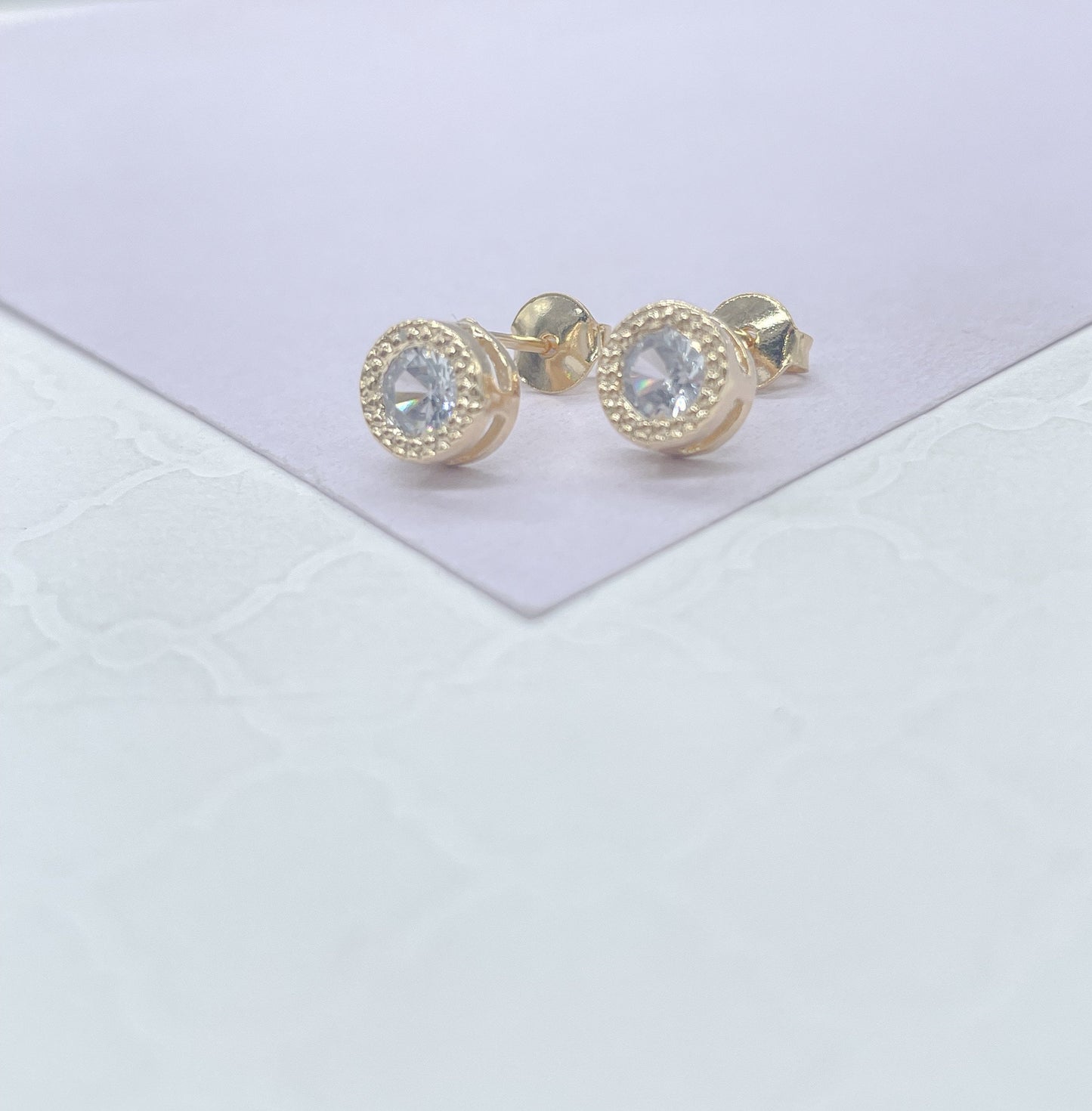 18k Gold Filled 7mm Round Princess Cut Embezzled Stud Earring, Dainty Studs, Gold-filled Jewlery.