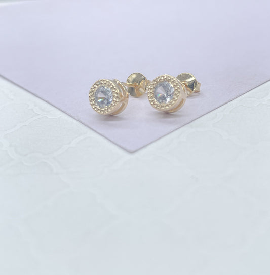 18k Gold Filled 7mm Round Princess Cut Embezzled Stud Earring, Dainty Studs, Gold-filled Jewlery.