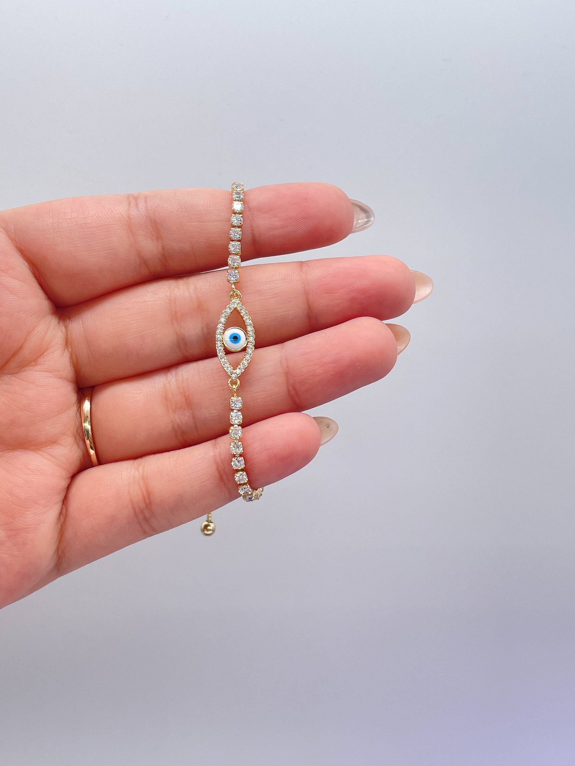 18k Gold Filled Adjustable Tennis Evil Eye Bracelet Featuring Slide Clasp Hypoallergenic Jewelry, Tennis Bracelet, Dainty Evil Eye,