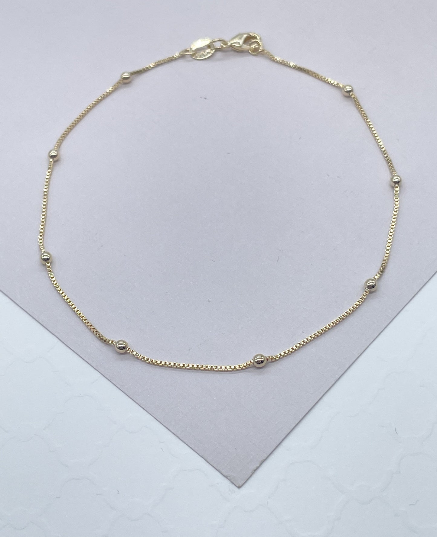 18k Gold Layered Box Chain Anklet Satellite Style